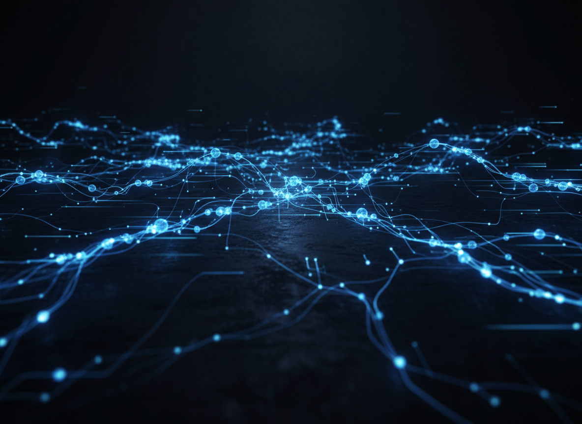 Abstract glowing blue artificial intelligence neural network on a near-black background